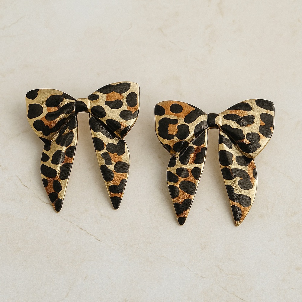 Leopard Print Bow Earrings - Picture 2 of 3